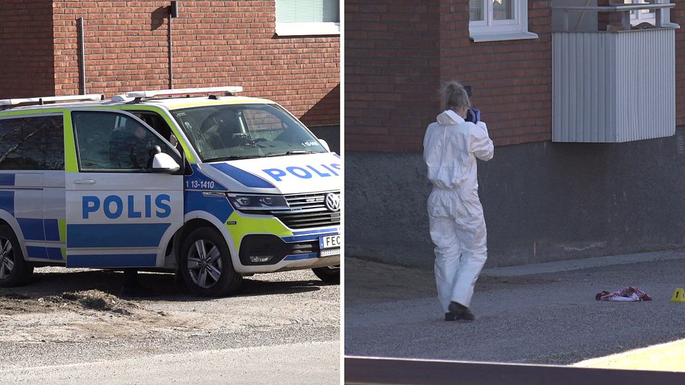 Bilden är ett montage. Till vänster syns en polisbil som står framför ett tegelhus. Till höger syns en tekniker i en vit dräkt som fotograferar en blodig tröja på marken.