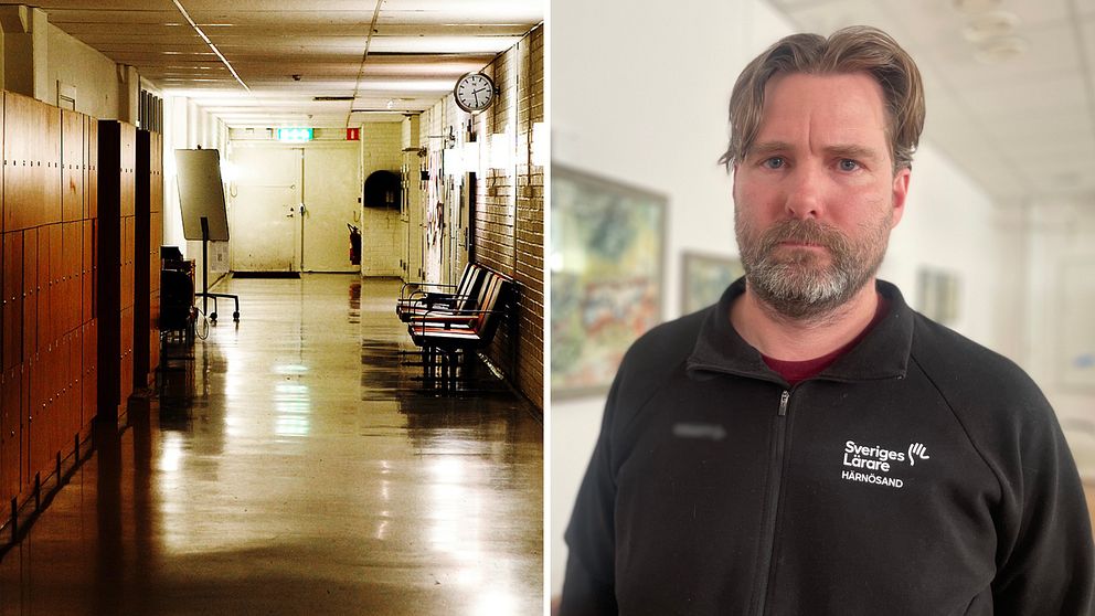 Bilden är ett montage. Till vänster syns en tom skolkorridor och till höger syns Niklas Haggren, huvudskyddsombudet. Han tittar in i kameran och har på sig en svart tröja.
