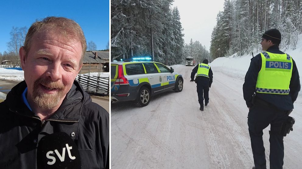 Man i 50-årsåldern med by i bakgrunden, split med två poliser som inspekterar bil i vinterlandskap