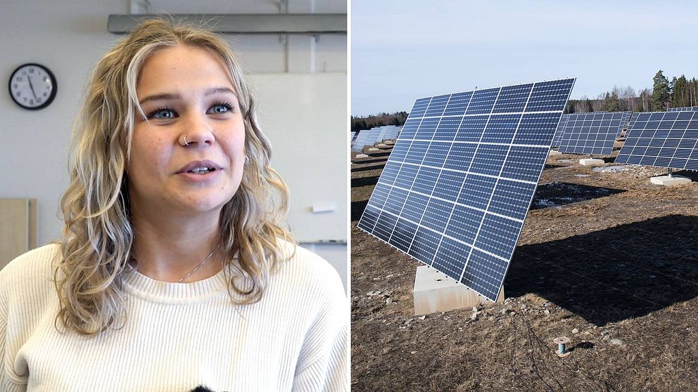 En tvådelad bild. Till vänster en porträttbild på Nelly Jonsson, en ung kvinna. Till höger en bild på solceller på en åker.