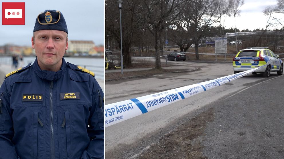 Delad bild. Till vänster: En man i polisuniform i Eskilstuna. Till höger: Ett polisavspärrningsband och en polisbil.