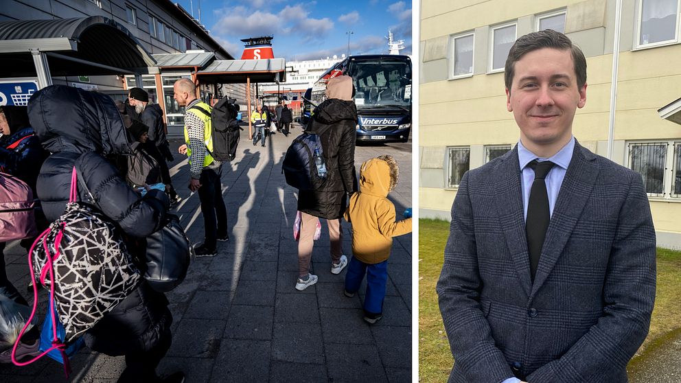 Splitbild på flyktingar som anländer i Sverige och man i kostym som jobbar för Örebro kommun