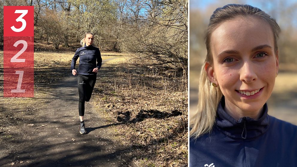 Bilden är delad i två. Den vänstra är en helkroppsbild på löpcoachen Maria Wester när hon springer i ett löparspår i skogen. Den högra är en porträttbild på henne. Hon tittar in i kameran och ler.