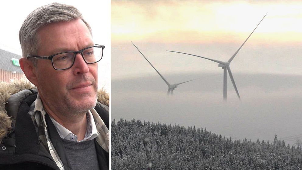 Till vänstern en porträttbild på en man med kort hår, glasögon. Till höger en bild på två vindkraftverk som sticker upp ur dimman i en skog.