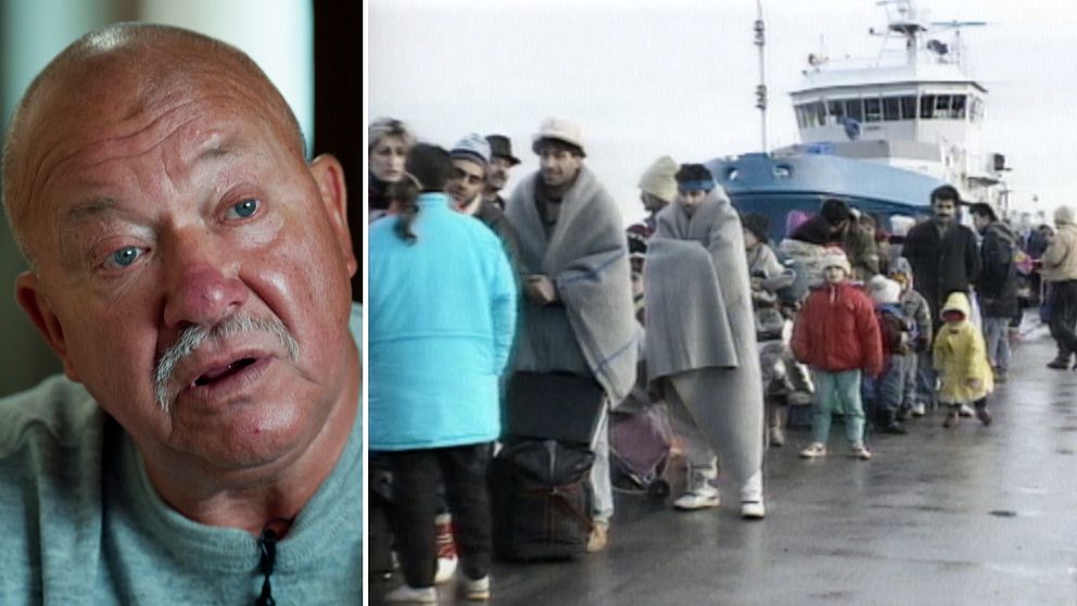 Till vänster en bild på en man i mustasch och grå tröja som var kapten på flyktingbåten, till höger en bild på ett fartyg och människor på en kaj.