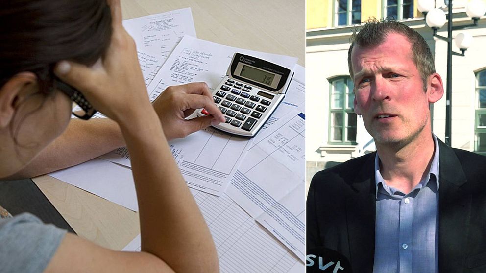 En kvinna som ser bekymrad ut när hon sitter med miniräknare och räkningar. Fredrik Hedlund, avdelningschef budget- och skuld Umeå kommun.