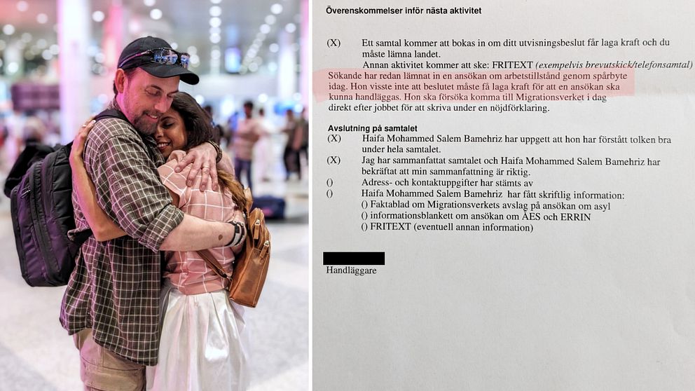 Utvisade Haifa och maken Roger kramas i Malaysia samt en bild på dokumentet som de menar avslöjar att Migrationsverket ljuger.