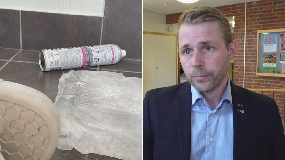 till vänster en bild på en liggande sprayflaska på ett golv och en plastpåse, till höger en man i mörk kavaj och blå skjorta