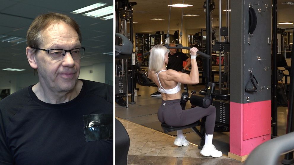 Tvådelad bild: Bikini fitness-domaren Kenneth Johansson ochLinn von Bahr, en kvinna med muskulös kropp som tränar på gymmet.