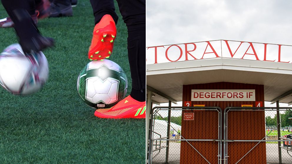 Fötter med fotbollsskor sparkar bollar – Entren till fotbollsarenan Stora valla