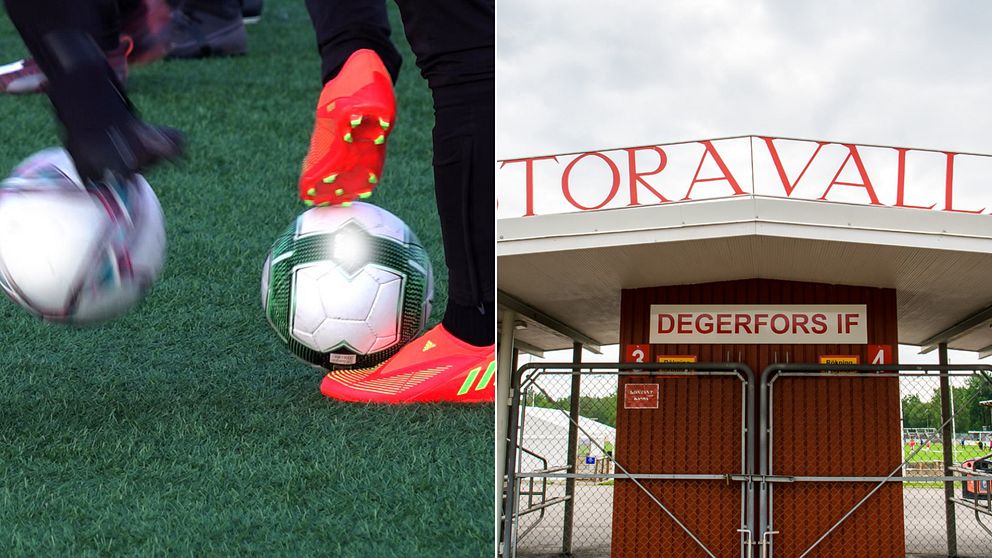 Fötter med fotbollsskor sparkar bollar – Entren till fotbollsarenan Stora valla