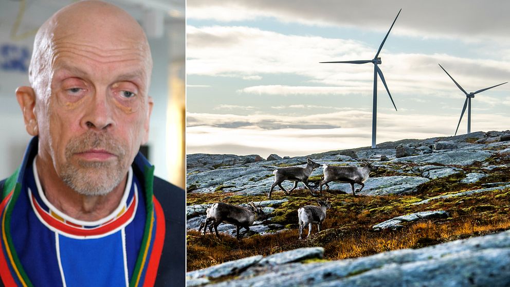 till vänster Sametingets vice ordförande Stefan Mikaelsson, till höger renar i förgrunden till två vindkraftverk