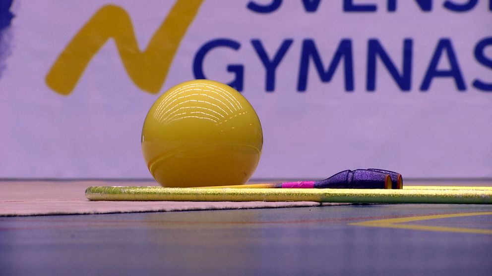 Bild på boll och käglor, två av redskapen som ingår i grenen rytmisk gymnastik.