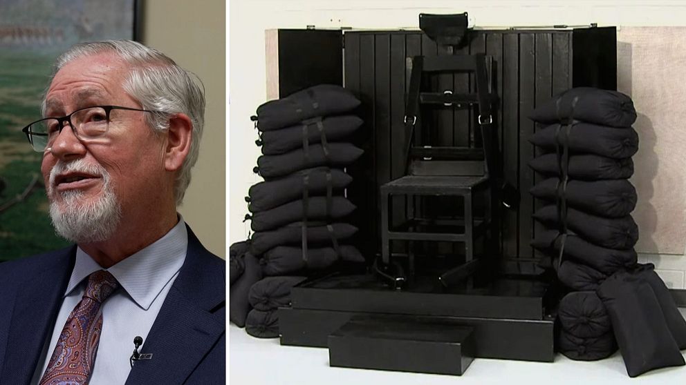 Bild på politikern Bruce Skaug och bild på en arkebuserings-stol.