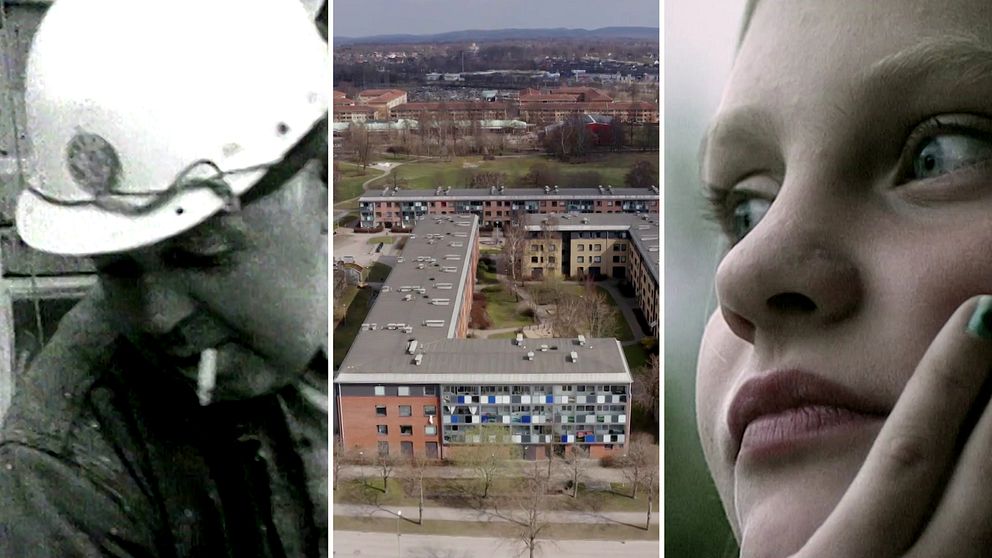 En tredelad bild. Först en svartvitt bild på en byggarbetare från 1960- eller 70-talet. I mitten en drönarebild ovanifrån på bostadsområdet Andersberg i Halmstad. Den tredje bilden är en närbild på en ung kvinnas ansikte, bilden är från 1998.