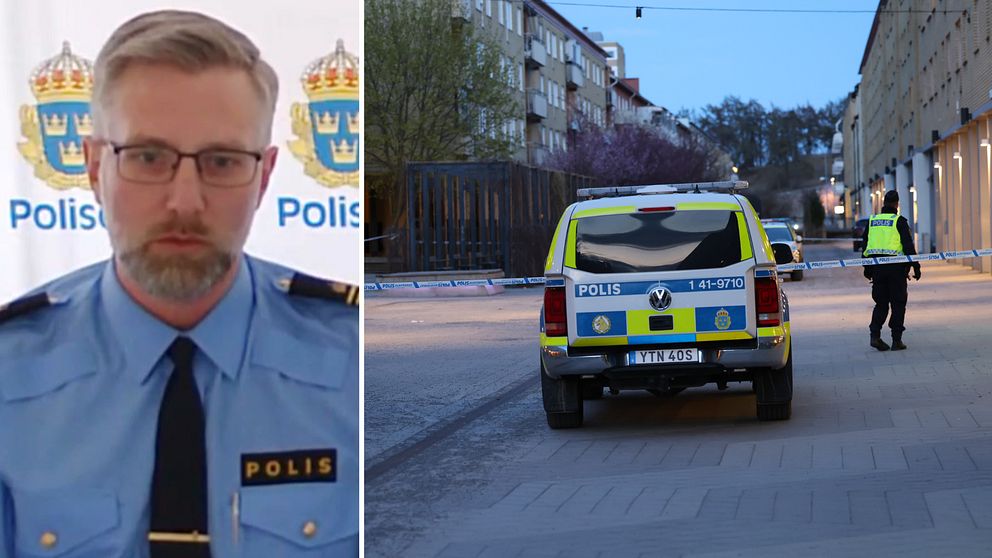 Bilden är delad i två. Den vänstra bilden är en bild på Robert Åkerström, tillförordnad biträdande lokalpolisområdeschef i Eskilstuna, tagen från en digital pressträff. Den högra bilden är en bild på en hundpolisbil, en polis och ett polisavspärrningsband i stadsdelen Nyfors i Eskilstuna.