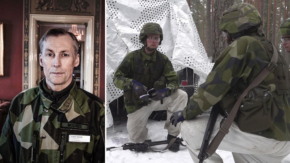 en regementschef och försvarsmakten-folk ute på fält.