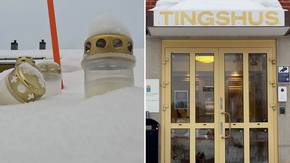 Bils på ljus i snön till vänster, bild på Tingsrätten till höger