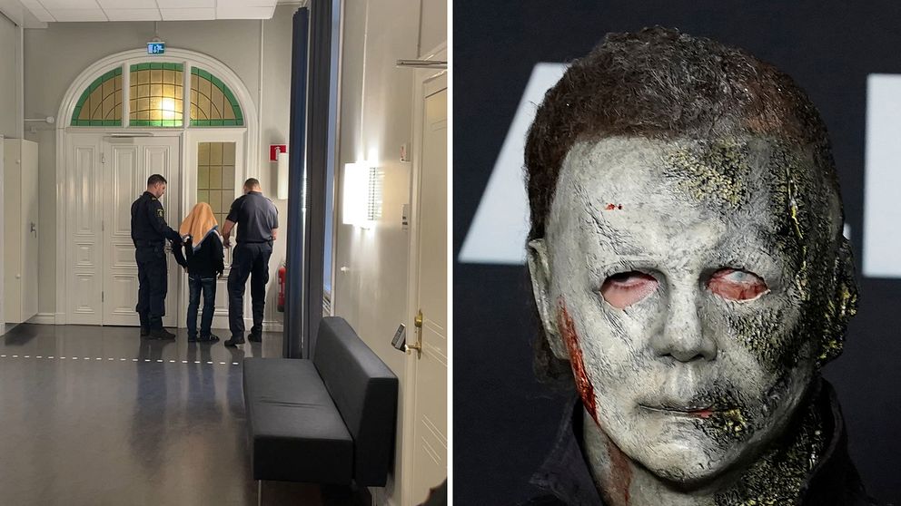 Tvådelad bild. Till vänster ses en pojke omgiven av två häktesvakter i Karlskrona. Till höger, ett porträtt av den fiktive seriemördaren Michael Myers