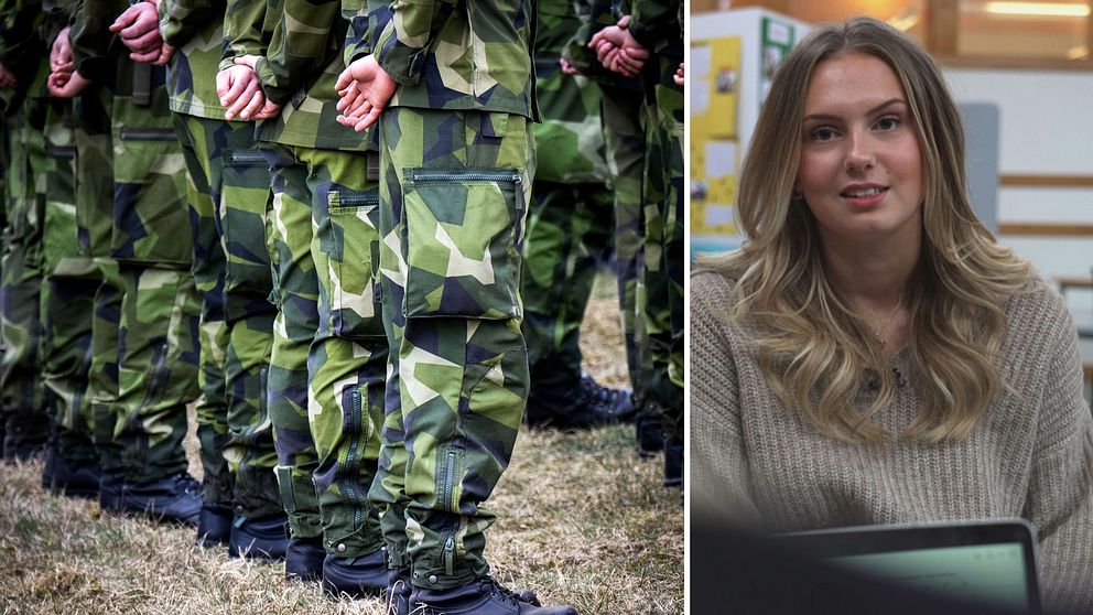Militärer står på led. Till höger Ester Blixt som SVT intervjuat.