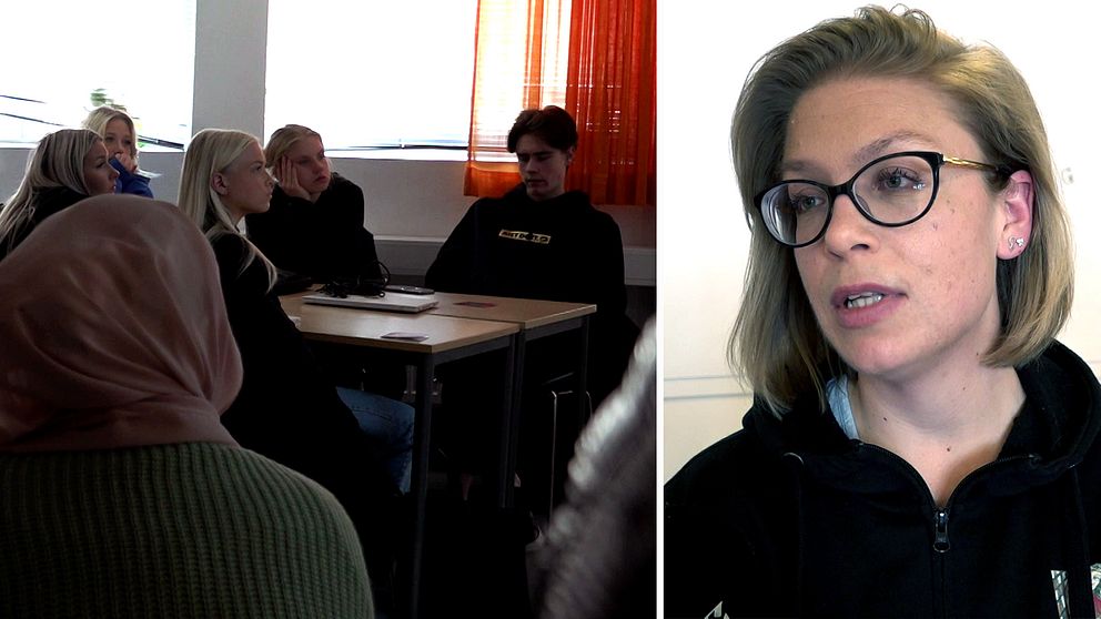 Till vämster: elever i ett klassrum som lyssnar på  Felicia Schill från kvinnojouren Maggan. Till höger: Felicia Schill från kvinnojouren Maggan blir intervjuad av SVT.
