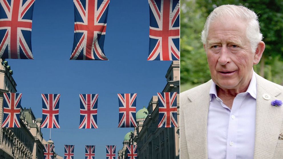 till vänster brittiska samväldesflaggor över en gata; till höger blivande kung Charles III