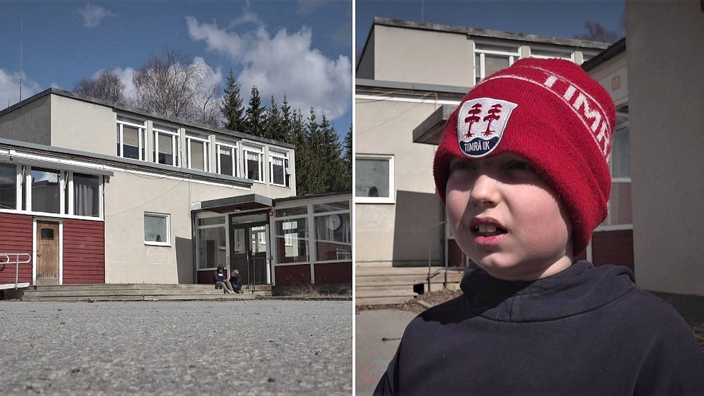 Delad bild med grå skolbyggnad till vänster och liten kille till höger. På huvudet har han en röd toppluva med Timrå IK:s emblem.