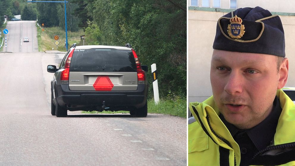 A-traktor på landsväg till vänster, polisen Björn Thunblad med reflexjacka till höger.