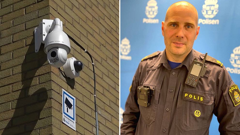 Bilden är ett montage. Till vänster ser man en övervakningskamera på en husknut. Till höger ser man Christian Hald som har polisuniform och står framför en blå vägg som det står ”polisen” på.