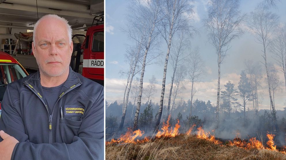 Till vänster: Bild på Tommy Lindgren, en vithårig man i arbetskläder i räddningstjänstens garage i Sundsvall. Till höger: Bild på gräs som brinner i närheten av skog.