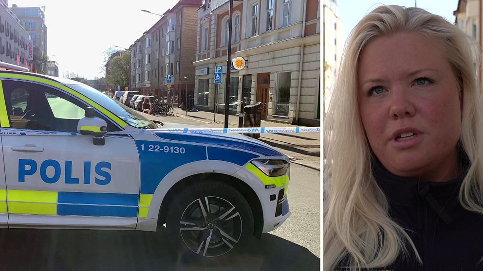 Delad bild, till vänster avspärrningar på Drottninggatan i Karlstad, till höger Sophia Jiglind, polisens presstalesperson.