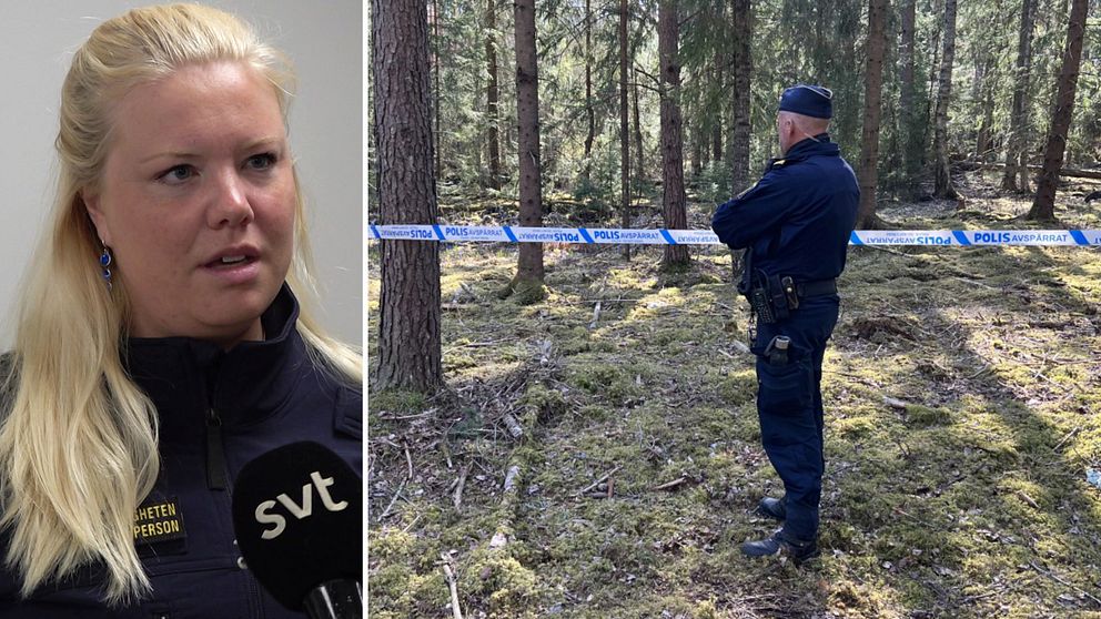 Polisens presstalesperson Sophia Jiglind, en yngre blond kvinna, intervjuas av SVT. Till höger en polis vid en avspärrning i skogen.