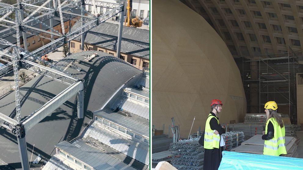 Till vänster en bild av byggnad med svart tak och byggställningar. Till höger två kvinnor med reflexväst och hjälm inne i byggnaden av trä, med en dome i bakgrunden.