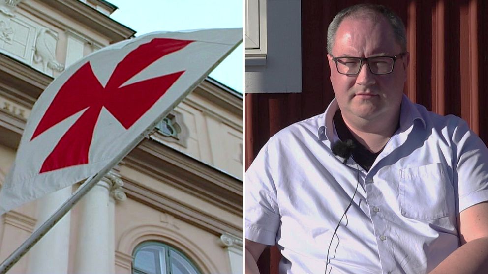 Till vänster en frimurarflagga, till höger avhopparen Jonas Nyman som ser skeptisk ut.