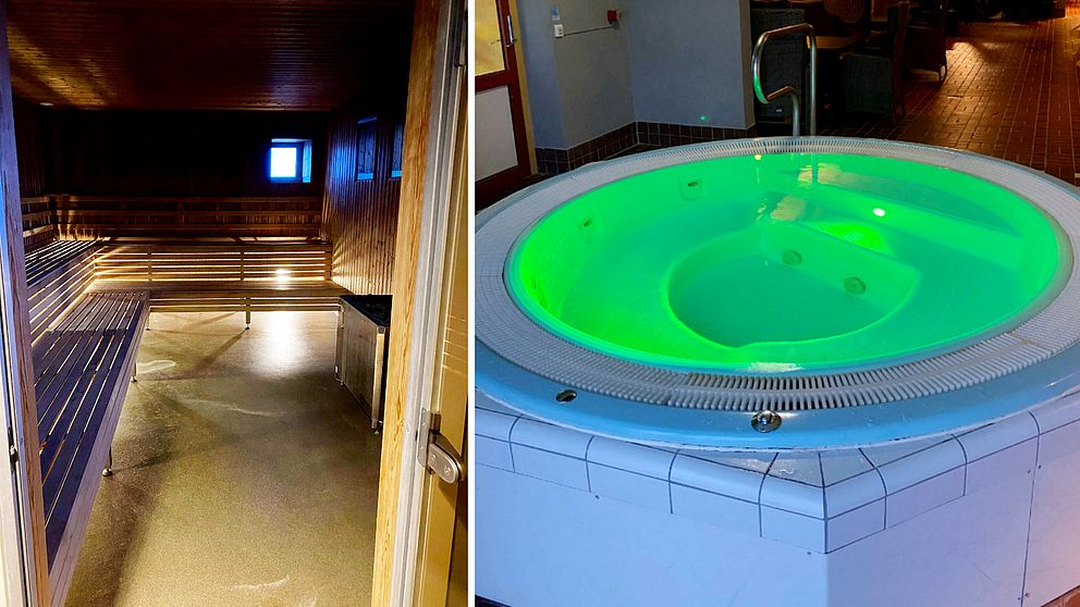 Bilden är ett montage av två bilder. Till vänster syns sittplatser i en bastu och till höger är en bubbelpool upplyst med grönt ljus.