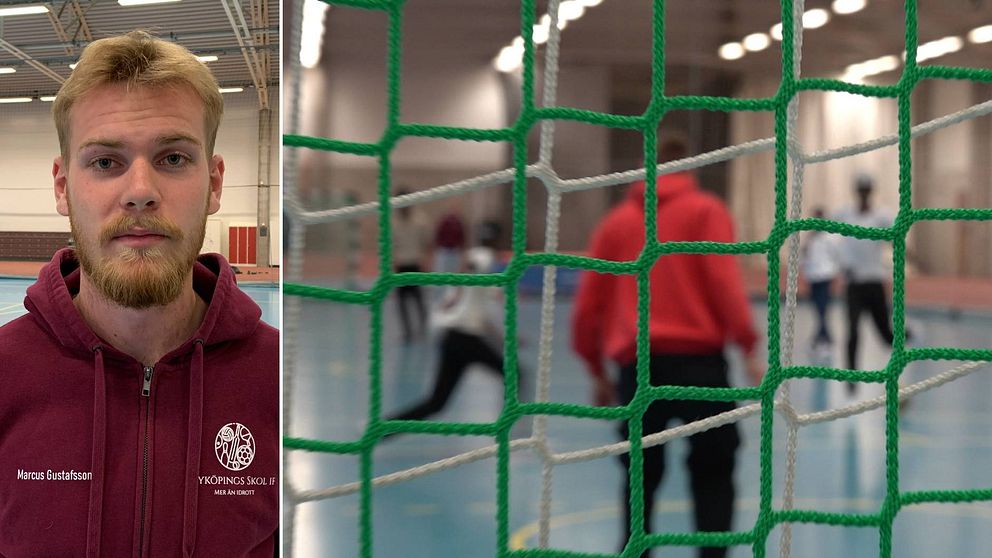 Delad bild. Till vänster: En ung man i en vinröd hoodie. På tröjan står ”Nyköpings Skol-IF”. Till höger: En bild tagen bakom ett hanfbollsmål, framför sysn elever som idrottar.