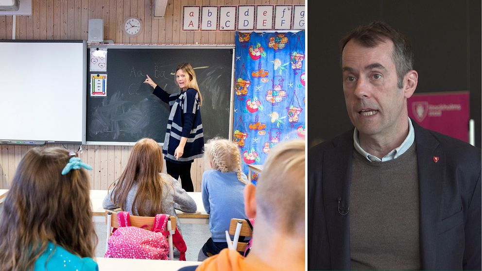 Genrebild från skolklass (till vänster). Stockholms grundskoledirektör Lee Orberson (till höger).