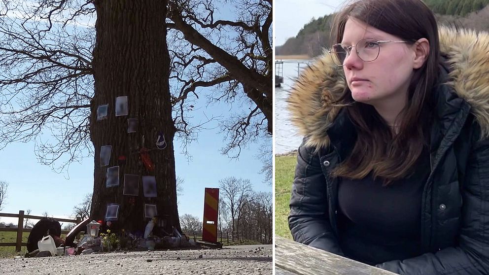 Bild på olycksplatsenoch trädet, samt en bild på Clara Åkerlund Nordin
