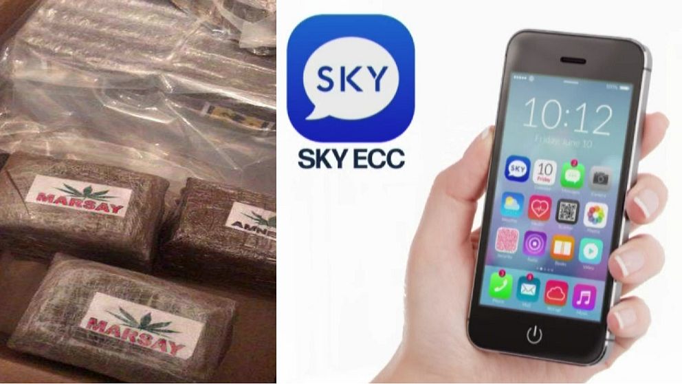 Paket av cannabis i en låda, samt en reklambild av en mobiltelefon.