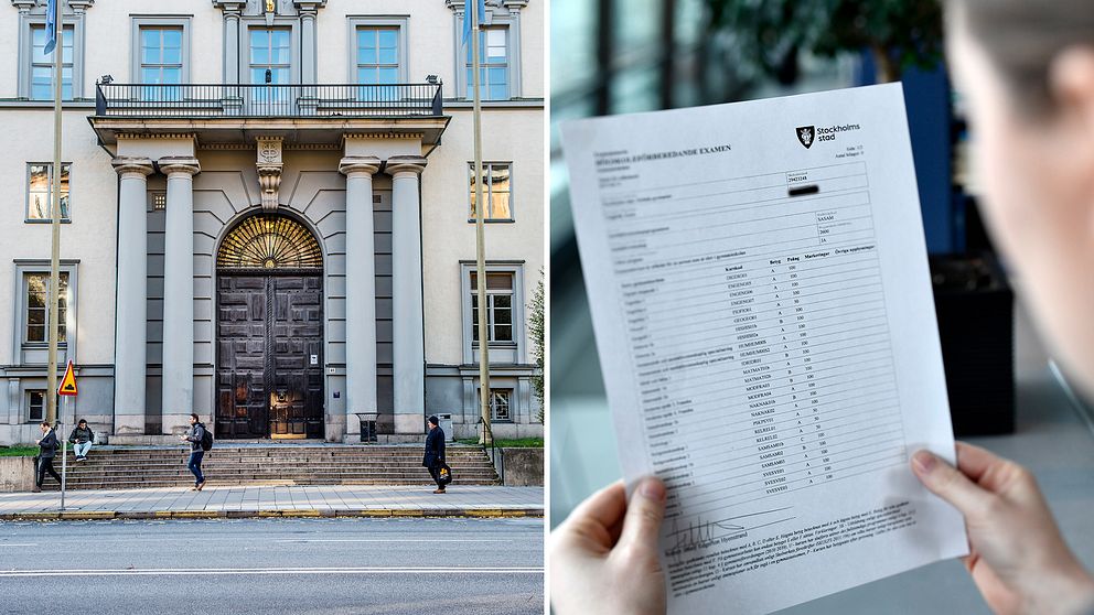 Bild på entrén till Handeöshögskolan bredvid bild på någon som håller upp gymnasiebetyg på papper.