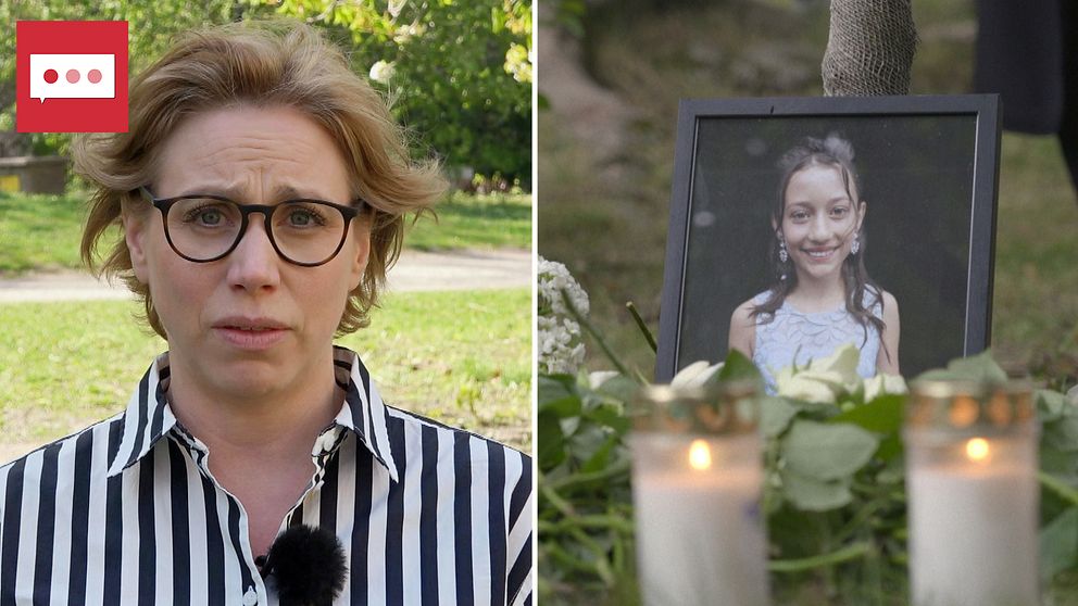 Bild på professor Sara Landström till vänster och en bild på Adriana i ram vid minnesplats till höger.