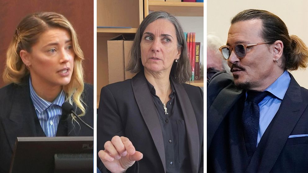 Till vänster ser du en bild på Amber Heard när hon talar i rättegången, i mitten ser du kriminologen Teresa Silva och till höger ser du Johnny Depp.