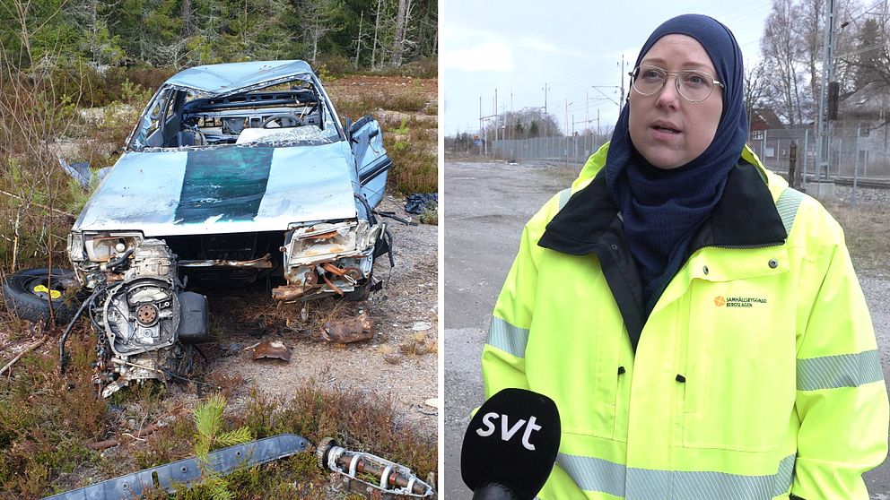 Delad bild. Till vänster: En trasig skrotbild. Till vänster: En kvinna i gul varseljacka och glasögon blir intervjuad.