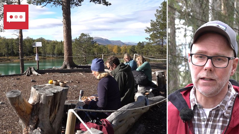 Delad bild, med på ena sidan en vacker vy över en turkos tjärn, fjäll i bakgrunden och vandrare som fikar i förgrunden. På andra sidan: en man i keps.