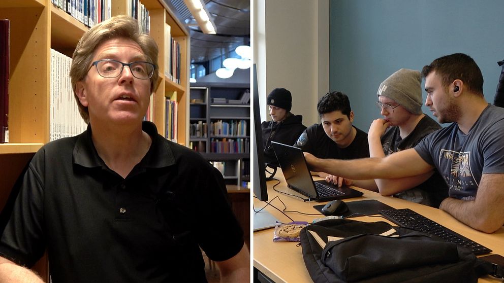 Montage av två bilder. Till vänster syns Peter Parnes, professor i datateknik på Luleå tekniska universitet, och till höger sitter några studenter med datorer.
