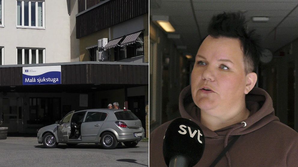 Bilden är ett montage. Till vänster syns entrén till Malå sjukstuga. Till höger Rebecca Lindahl, som är kortklippt och har en brun hoodie.