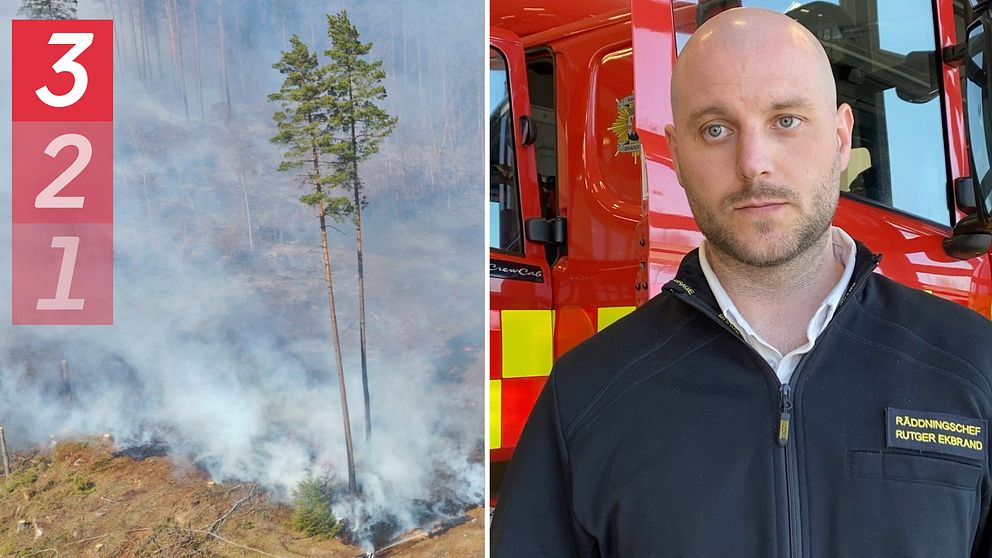 Arkivbild på skog som brinner och en bild på räddningschefen Rutger Ekbran