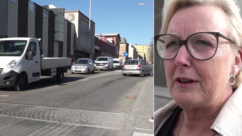 Till vänster: en smal gata och en rad av bilar. Till höger: porträttbild på en kvinna med glasögon som har svarta bågar, hon har örhängen och en halvkort blond frisyr