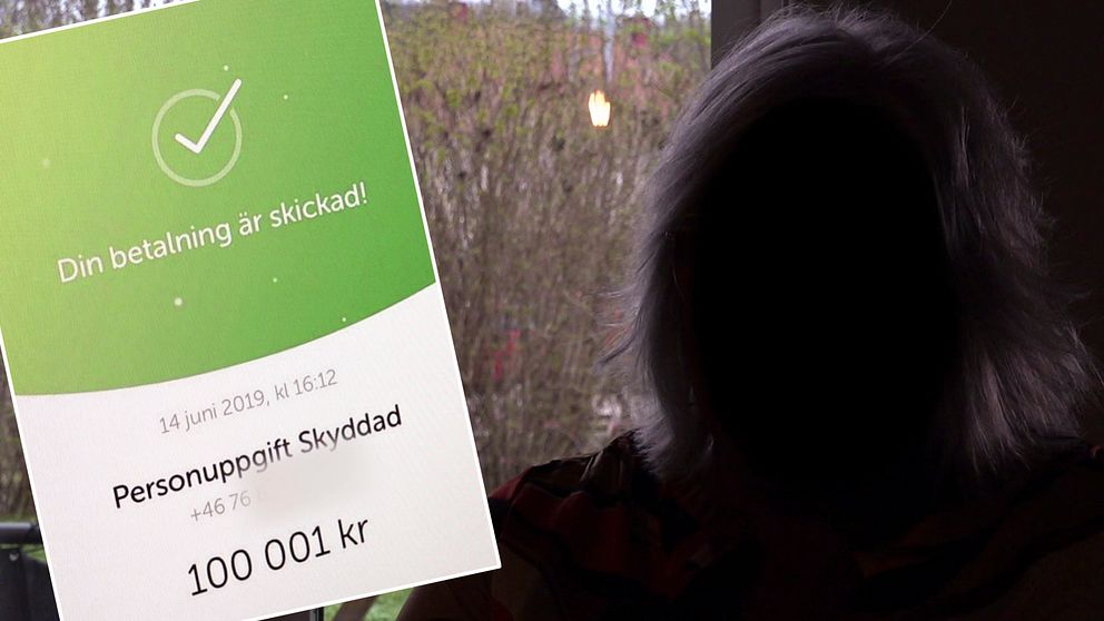 Anonym kvinna sitter framför ett fönster, inklippt i bilden syns en betalning över Swish på 100 001 kronor.