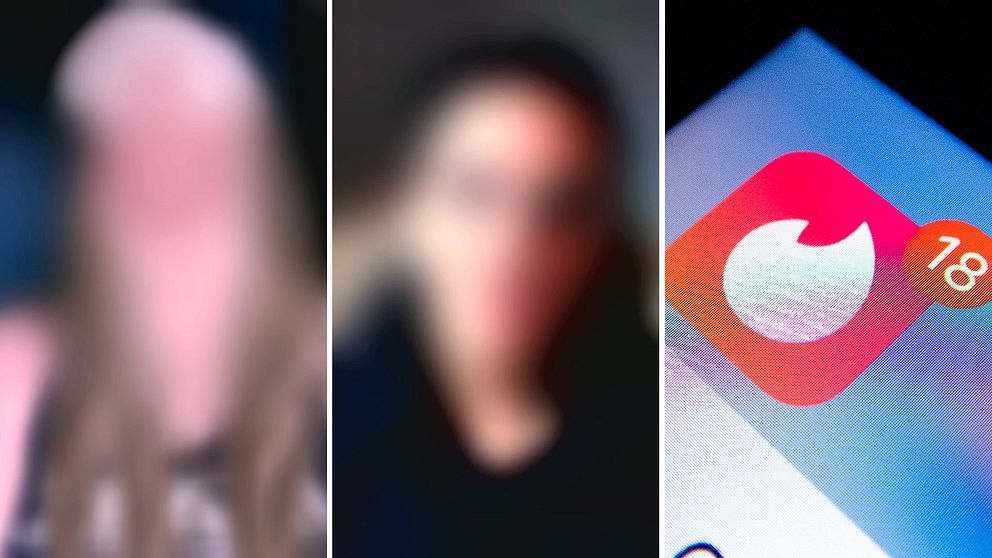 Tredelad bild, två anonymiserade bilder på kvinnor och en genrebild på Tinderloggan på en skärm. Kvinnorna säger att de blivit lockade av misstänkte storbedragaren i Blekinge att investera pengar.